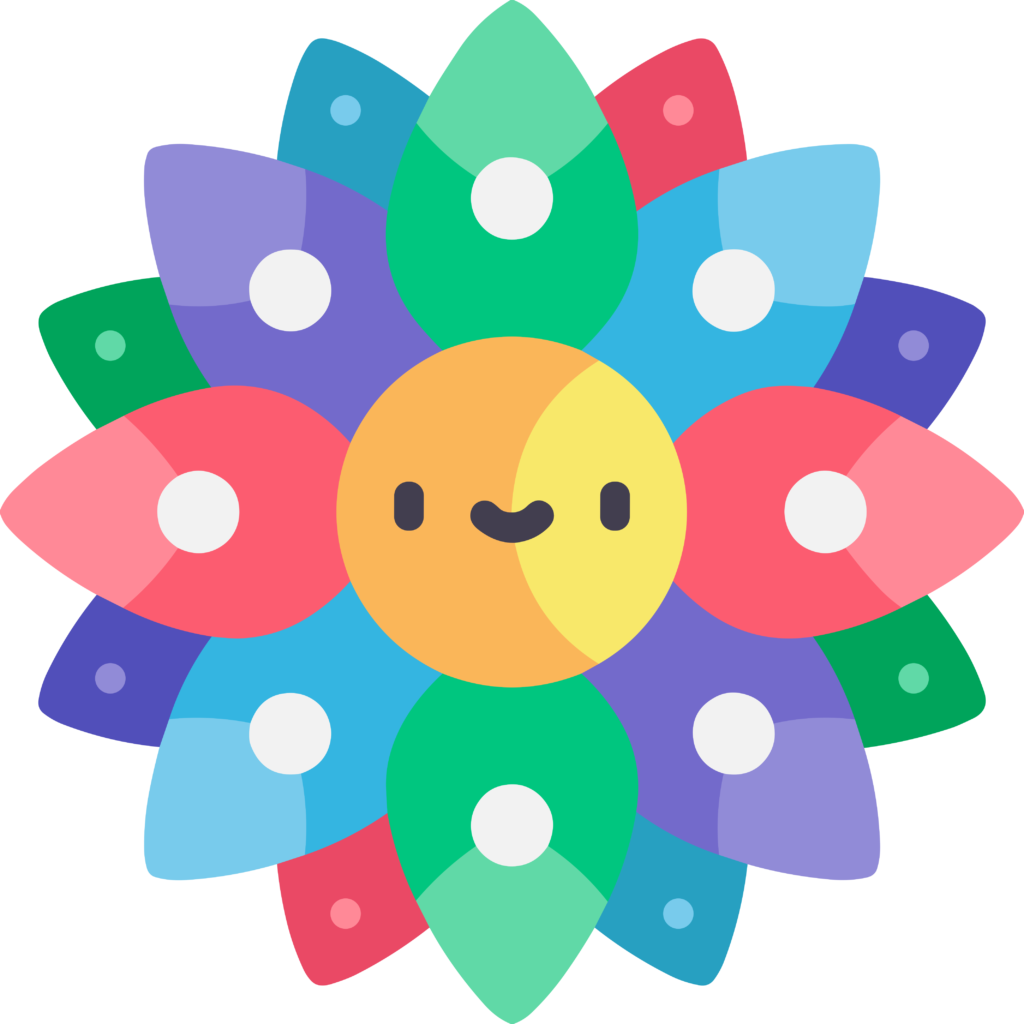 Logo de All As One en forme de fleur multicolore qui sourit
